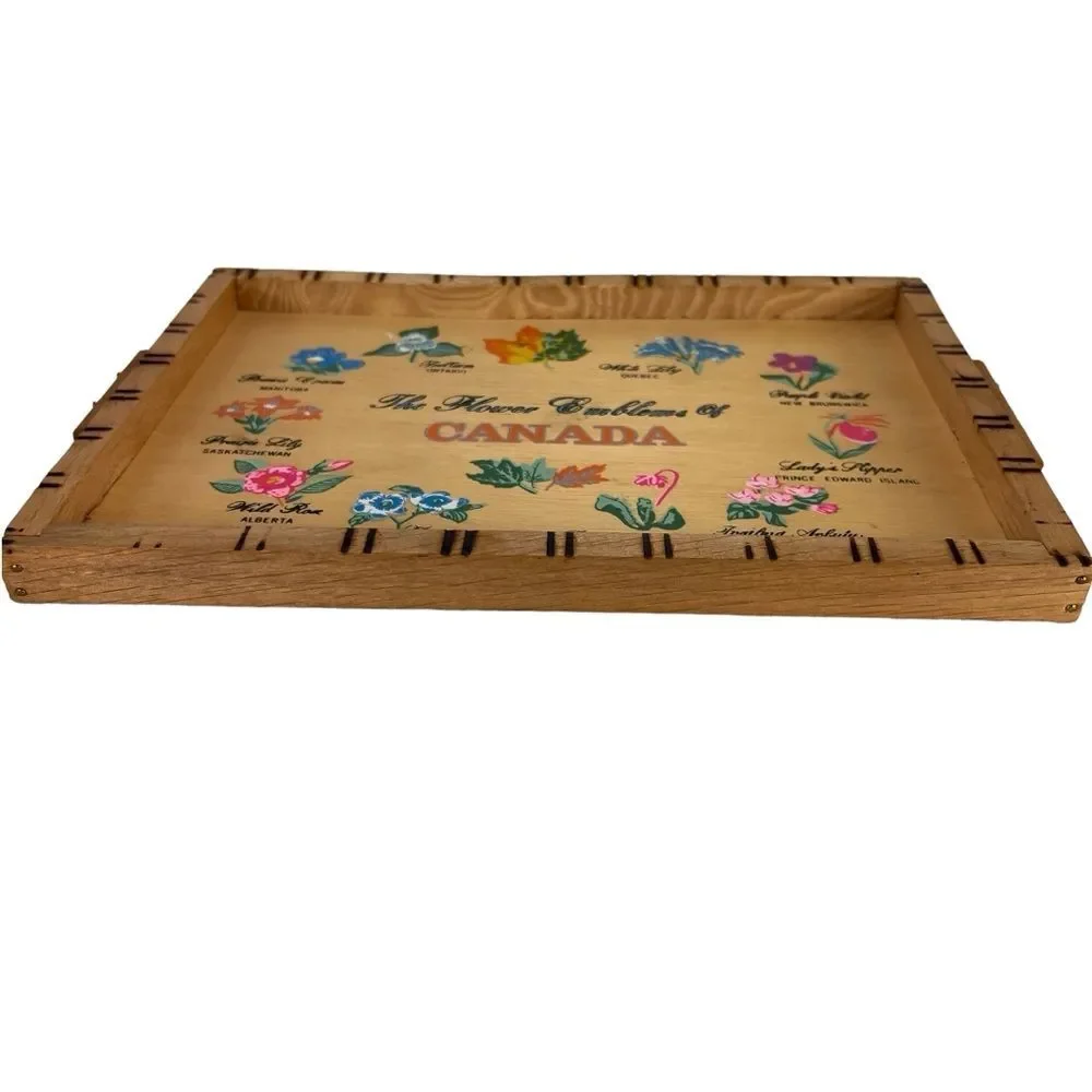 Vintage New Canadian Wooden Serving Tray and 6 Coasters Flowers Souvenir